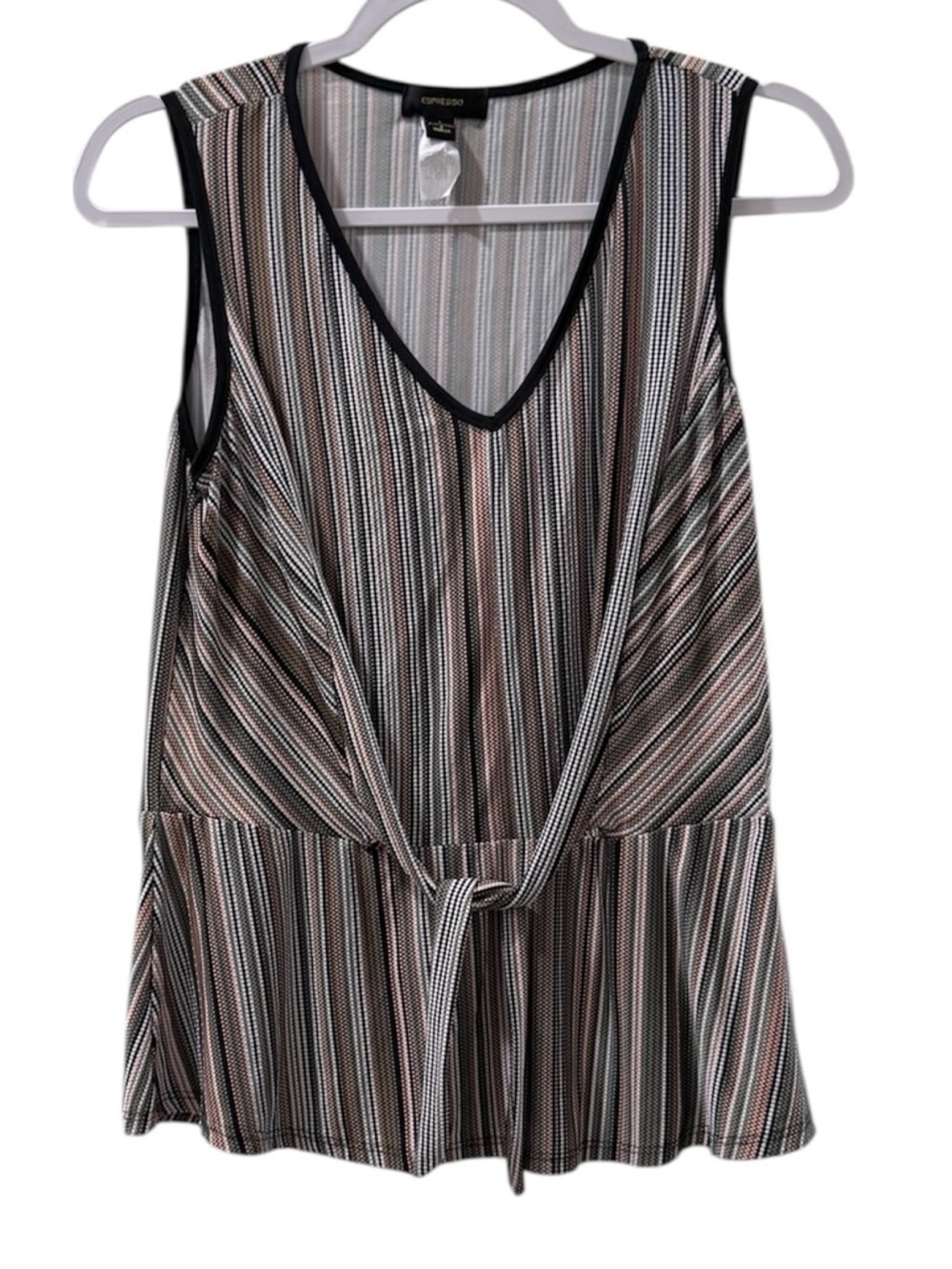 Espresso women’s Large sleeveless striped tie front multicolored top